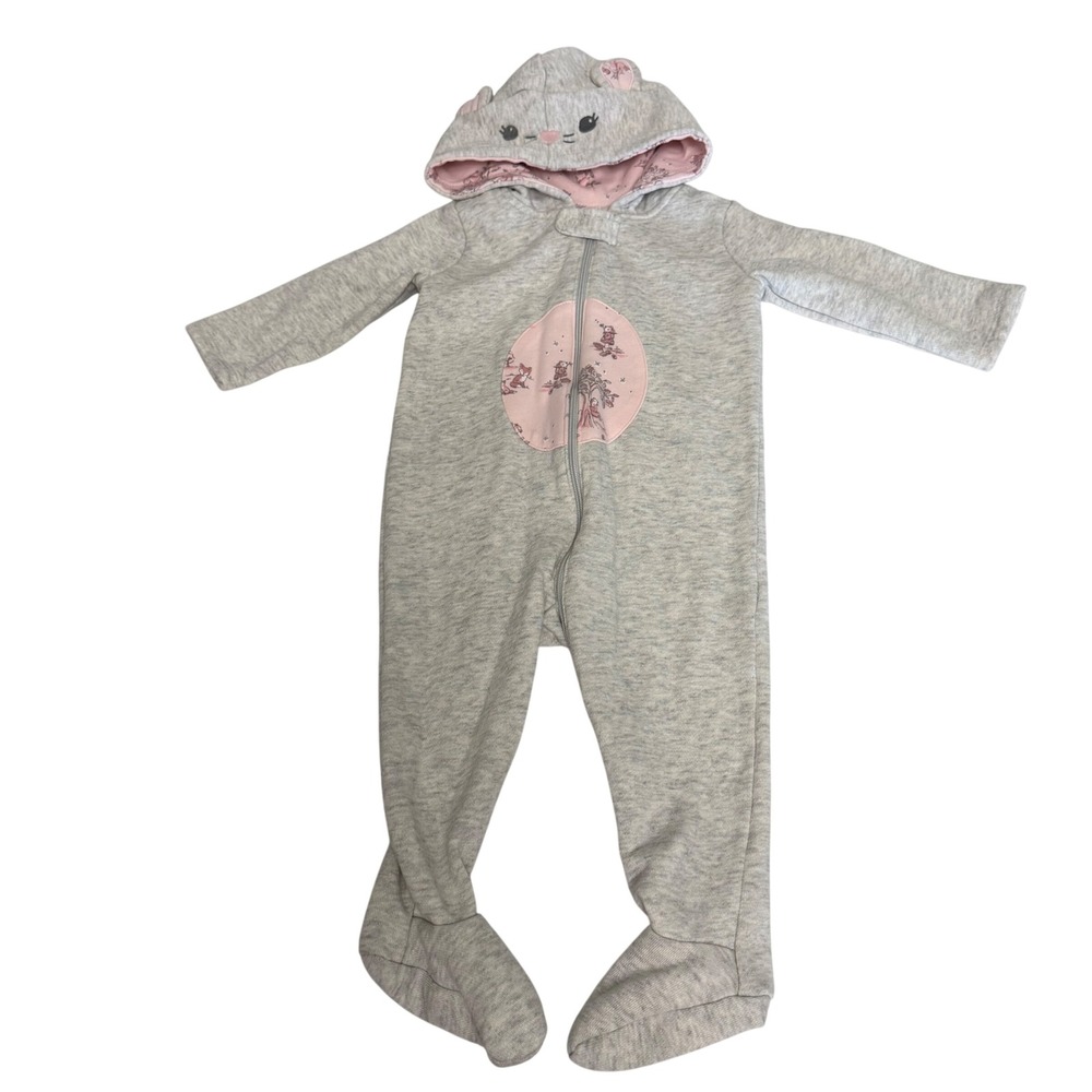 Gymboree Baby Girl Gray Pink Cat Hooded Footie Romper 6-9 Months Woodland Fleece